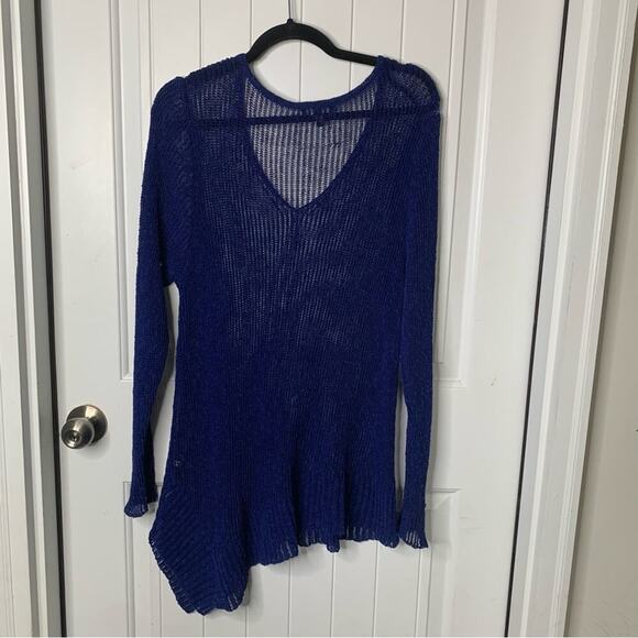Eileen Fisher blue linen blend asymmetrical open knit sweater size XL - Picture 3 of 5